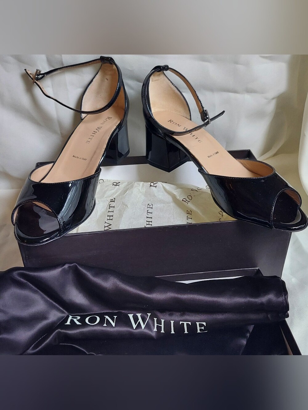 Ron White Black Patent Peep-Toe Block Heel Sandals Ankle Strap EU 38